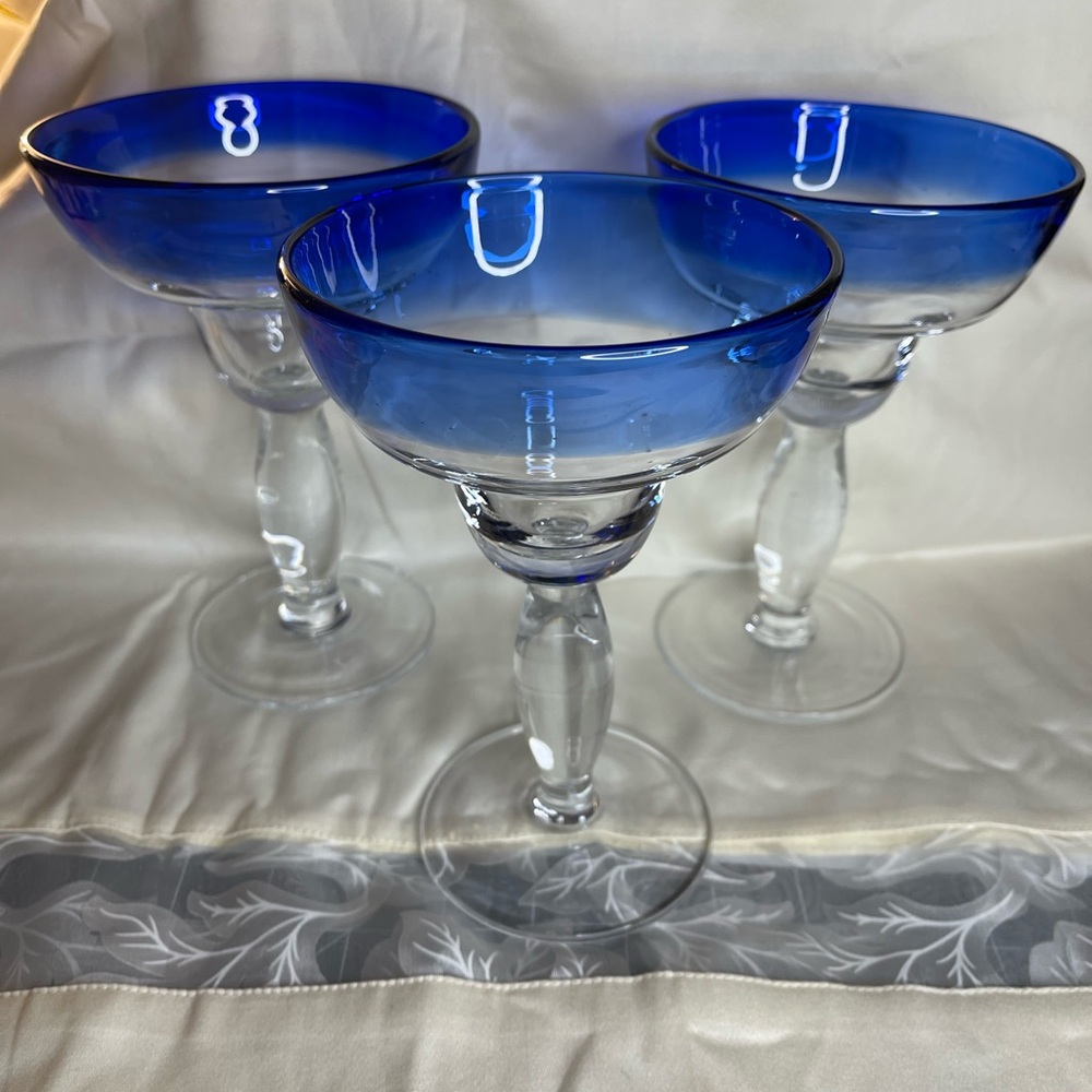Set of 3 Blue Rimmed Margarita Glasses